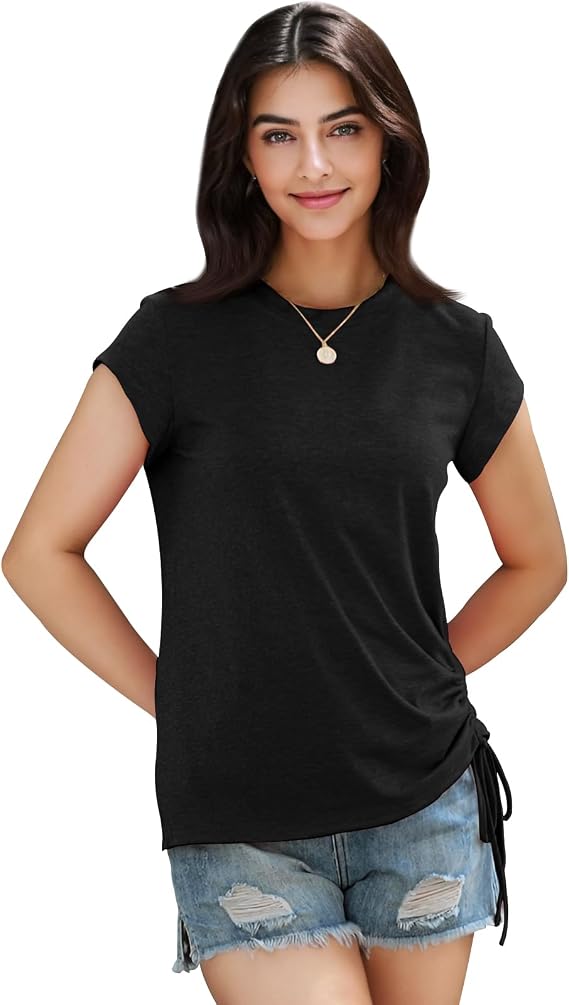 Casual Side Ruched Cap Sleeve Tee Top