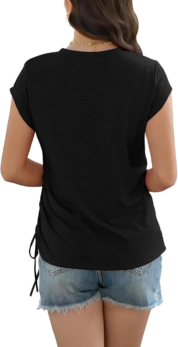 Casual Side Ruched Cap Sleeve Tee Top