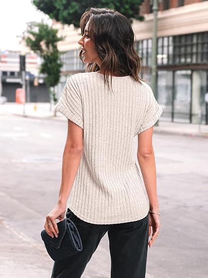 Dressy Casual Ribbed Short Sleeve Blouse